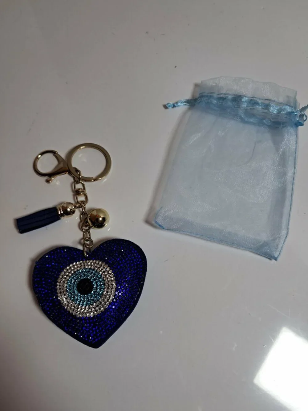 Blue Crystal Heart Evil Eye Rhinestone Tassel Keychain